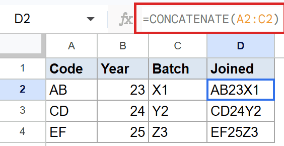 Google Sheets displaying CONCATENATE(A2:C2) formula in the bar, yielding AB23X1 in D2.