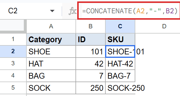 Google Sheets: C2 SKU shows "SHOE-101" from =CONCATENATE(A2,"-",B2) in formula bar.