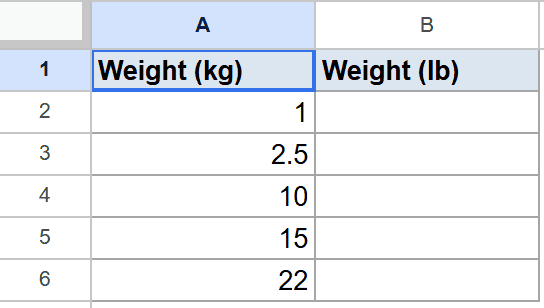 Google Sheet with "Weight (kg)" column showing values and "Weight (lb)" column empty.