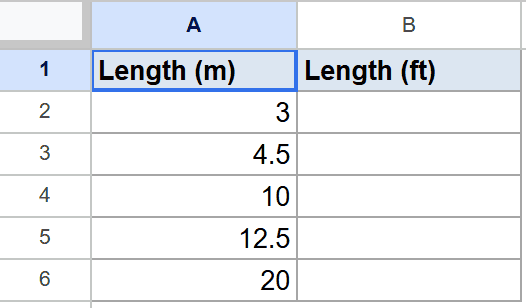 Sheets table with meter lengths (3 to 20) and an empty column for feet conversion.
