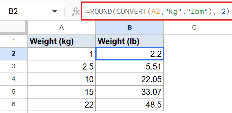 Google Sheets: formula =ROUND(CONVERT(A2, "kg", "lbm"), 2) converting kg to lbs.