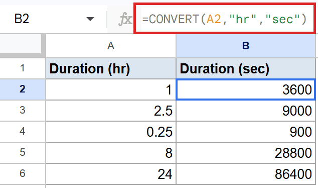 Google Sheets formula CONVERT(A2, "hr", "sec") in B2 converts hours to seconds.