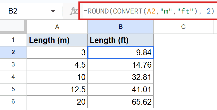 Sheets converting meters to feet with `ROUND(CONVERT(A2, "m", "ft"), 2)` in B2.