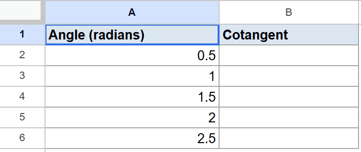 Google Sheet showing Angle (radians) from 0.5 to 2.5, with an empty Cotangent column.