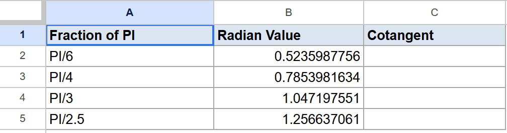 Google Sheets: "Fraction of PI" and "Radian Value" populated, "Cotangent" column awaiting formula.
