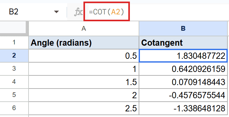 Google Sheets: Formula `=COT(A2)` in B2 calculates cotangent of 0.5 radians.