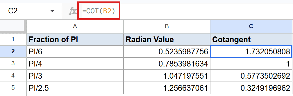 Google Sheets: Cell C2 formula bar shows `=COT(B2)` for cotangent.