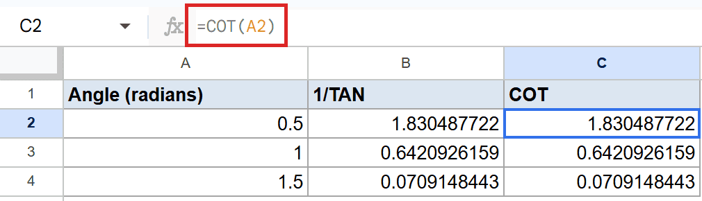 Google Sheets: C2's formula bar shows `=COT(A2)`, where A2 is 0.5 radians.