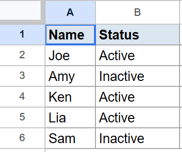 Google Sheet: selected A1 'Name', B1 'Status', with five rows of names and their statuses.