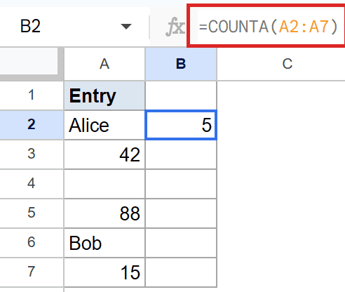 Google Sheets: B2 shows 5, the result of =COUNTA(A2:A7) counting non-empty cells.