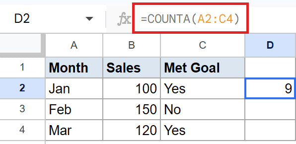 Google Sheets with highlighted formula =COUNTA(A2:C4) and result 9 in D2.