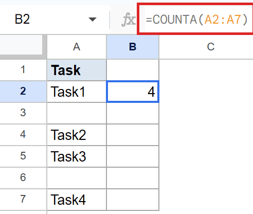 Google Sheets: Formula =COUNTA(A2:A7) displays 4 in cell B2.