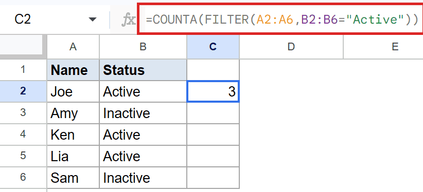 Google Sheets: COUNTA(FILTER(A2:A6, B2:B6="Active")) in formula bar, C2 shows 3.