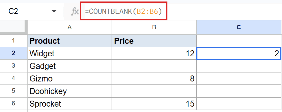 Google Sheets: Formula bar shows =COUNTBLANK(B2:B6), with cell C2 displaying 2.