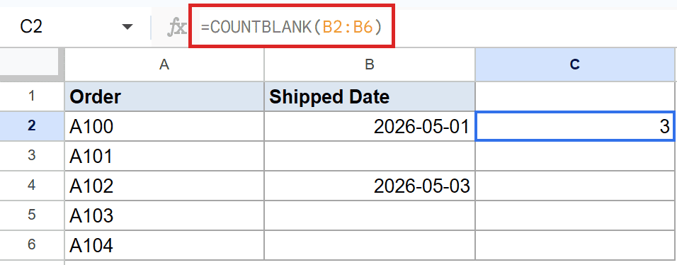 Google Sheets: `=COUNTBLANK(B2:B6)` in cell C2 calculates 3 empty cells.