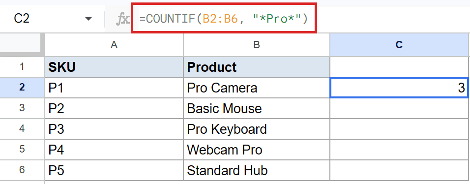 Google Sheets shows `=COUNTIF(B2:B6, "*Pro*")` in formula bar for C2, resulting in 3.