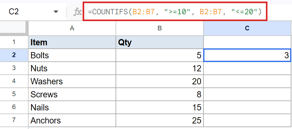C2 displays 3 from `=COUNTIFS(B2:B7, ">=10", B2:B7, "<=20")`.