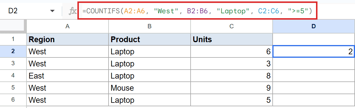 Google Sheets: COUNTIFS formula in bar for "West", "Laptop", ">=5" yields 2 in D2.