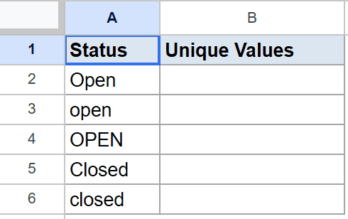 Google Sheet: "Status" column with case-varied "Open", "Closed" entries; "Unique Values" column empty.