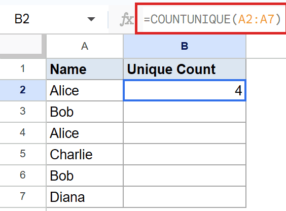 Google Sheets: COUNTUNIQUE(A2:A7) formula displayed in the formula bar for cell C2.
