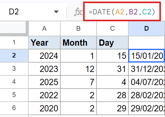 Google Sheets: D2 formula bar shows =DATE(A2,B2,C2) creating a date.