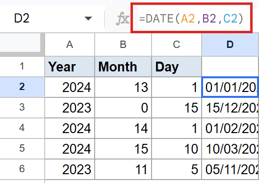 Google Sheets: Highlighted formula bar shows `=DATE(A2,B2,C2)` for highlighted cell D2.