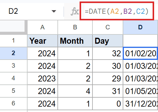 Google Sheets formula bar shows =DATE(A2,B2,C2) for cell D2, outputting 01/02/2024.