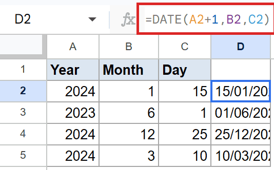 Google Sheets: Formula `=DATE(A2+1,B2,C2)` in formula bar, result 15/01/2025 in D2.