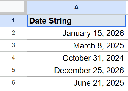 Google Sheet with 'Date String' header and five example date strings.