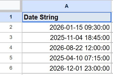 Google Sheet with a 'Date String' column displaying five date-time values.