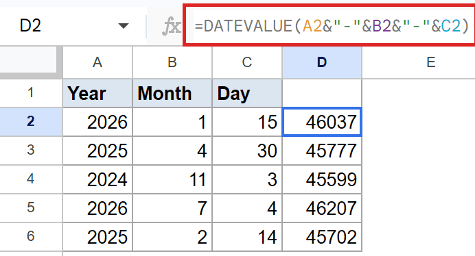 Google Sheets: D2 formula =DATEVALUE(A2&"-"&B2&"-"&C2) returns serial date 46037.