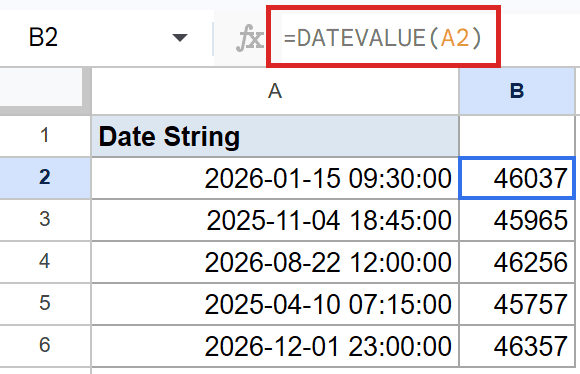 Google Sheets: DATEVALUE(A2) converts a date string to serial number 46037 in B2.