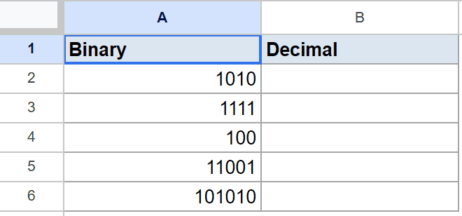 Google Sheets: 'Binary' column A with numbers, empty 'Decimal' column B for results.