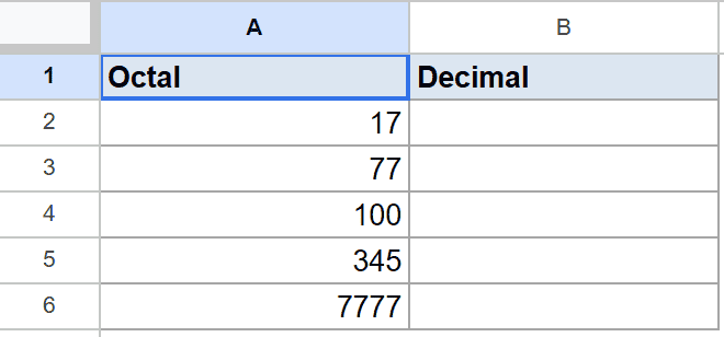 Google Sheets dataset: Octal numbers in column A, with empty Decimal column B.