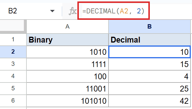 Google Sheets formula =DECIMAL(A2, 2) in B2, converting binary to decimal.