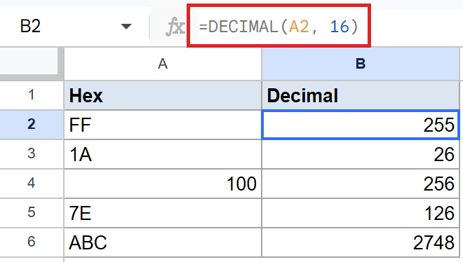 Google Sheets: DECIMAL(A2, 16) formula converts hex FF in A2 to 255 in B2.