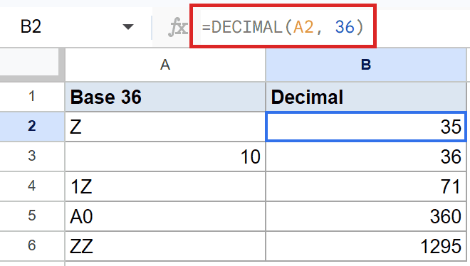Google Sheets: B2 shows `=DECIMAL(A2, 36)` converting 'Z' from base 36 to 35.