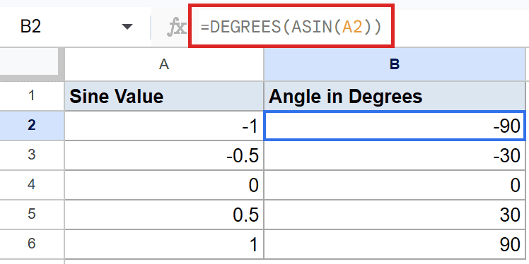 Formula `=DEGREES(ASIN(A2))` in Google Sheets B2 converts sine values to degrees.