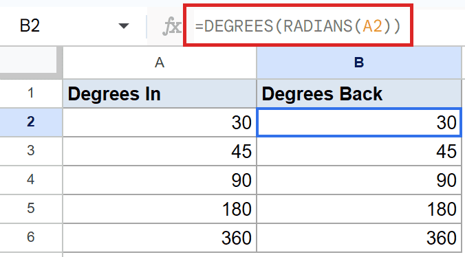 Google Sheets: B2 selected, formula bar shows =DEGREES(RADIANS(A2)) converting radians to degrees.