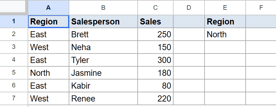 Google Sheet showing sales data and "Region: North" as DSUM criteria.