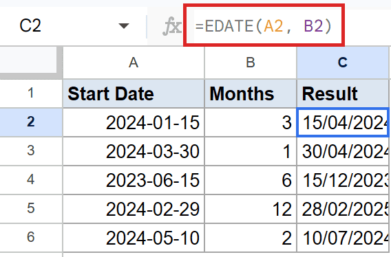 Google Sheet: EDATE(A2, B2) formula in C2, adding months to dates.