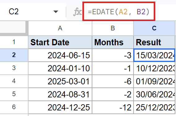Google Sheets example 2: EDATE(A2, B2) formula in the formula bar for C2.