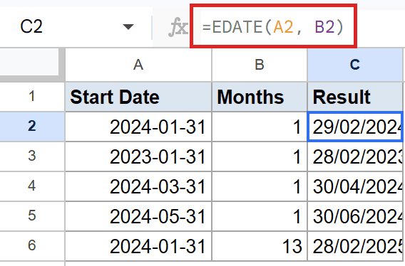 EDATE(A2, B2) in Google Sheets formula bar, result 29/02/2024 in cell C2.