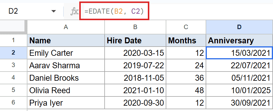 Google Sheets: D2 formula bar shows =EDATE(B2,C2), cell D2 displays 15/03/2021.
