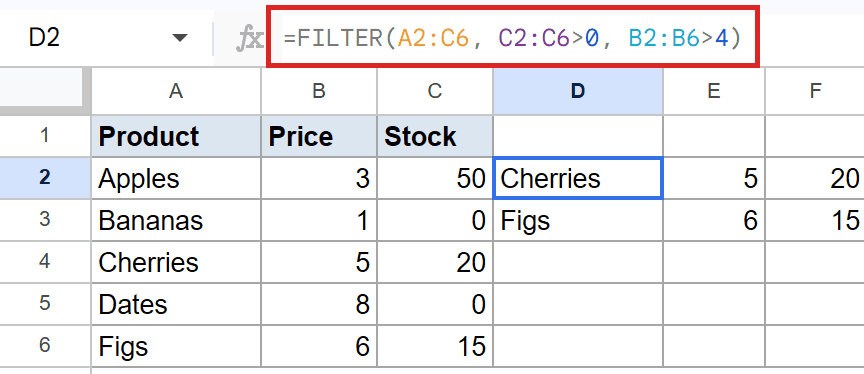 Google Sheets D2: Formula bar displays `=FILTER(A2:C6, C2:C6>0, B2:B6>4)` and results.