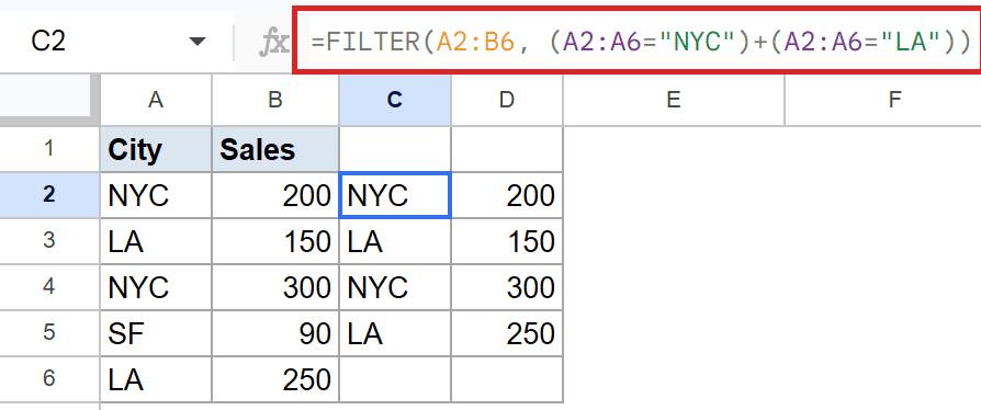 Google Sheets: FILTER formula in C2 shows City/Sales data for NYC or LA.