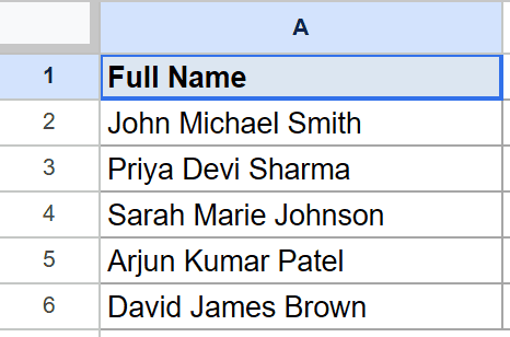 Google Sheets dataset for FIND function tutorial: 'Full Name' column with five entries.