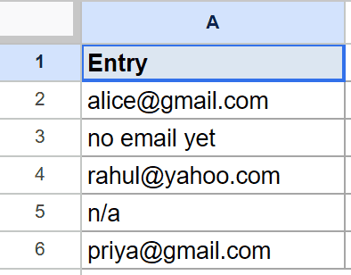 Google Sheets column A data for FIND function: "Entry", emails, and text strings.