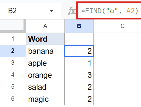 Google Sheets: FIND("a", A2) formula in B2 returns 2 for "banana".