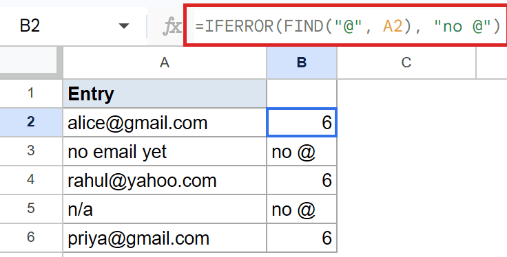 Google Sheets: B2's formula bar shows =IFERROR(FIND('@', A2), "no @") for '@' position.